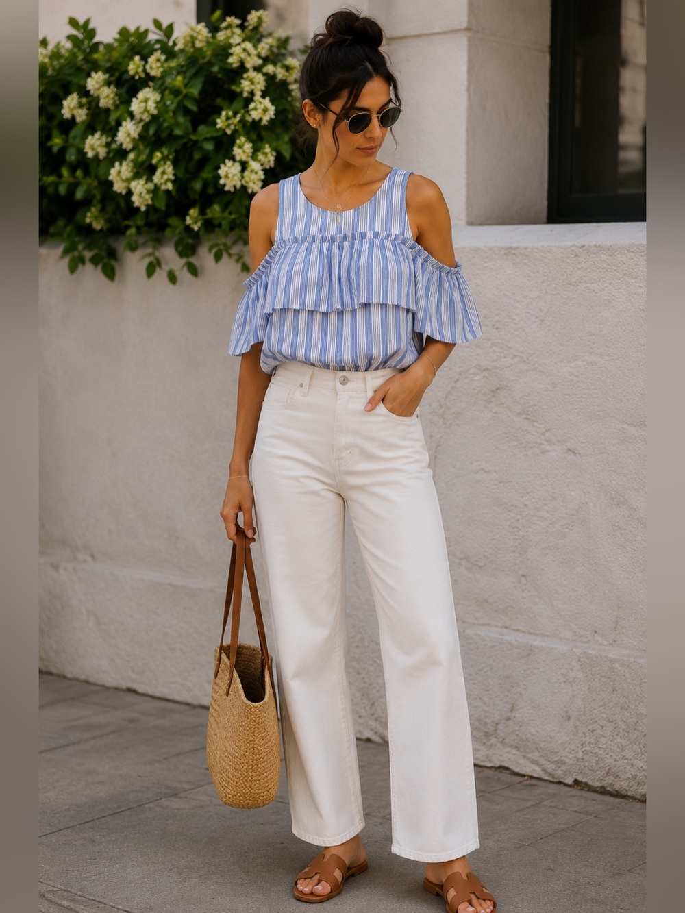 Striped cold shoulder top with ruffle